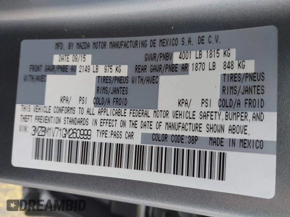 2016 Mazda 3 i Touring with VIN 3MZBM1V71GM260999, listed as a IAAI auction lot 41687533 with 92,928 mi miles. Bid and sale history available at carsss.com. Image 9.