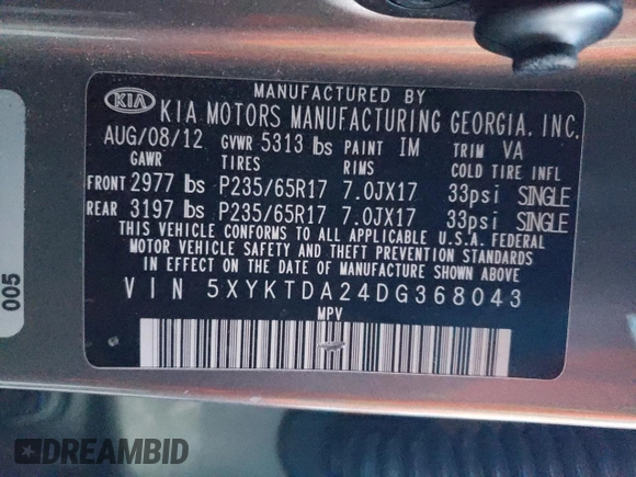 2013 Kia Sorento LX with VIN 5XYKTDA24DG368043, listed as a Copart auction lot 42010575 with 160,825 mi miles and Salvage Title. Bid and sale history available at carsss.com. Image 15.