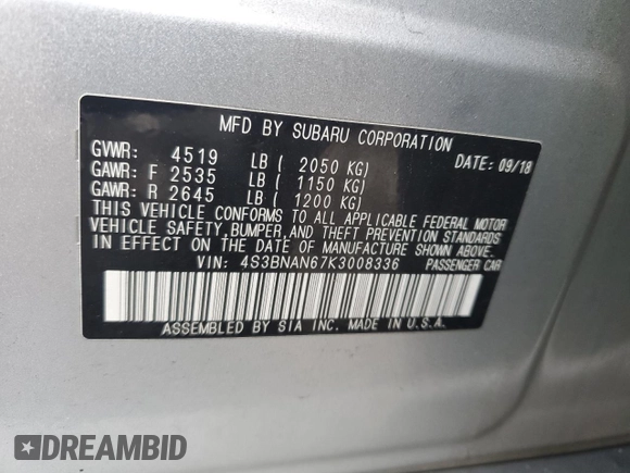 2019 Subaru Legacy Limited with VIN 4S3BNAN67K3008336, listed as a Copart auction lot 39792964 with 60,541 mi miles. Bid and sale history available at carsss.com. Image 12.