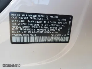 2013 Volkswagen Passat SE w/Sunroof with VIN 1VWBH7A33DC079409, listed as a Copart auction lot 45331415 with 0 mi miles and Salvage Title. Bid and sale history available at carsss.com. Image 12.