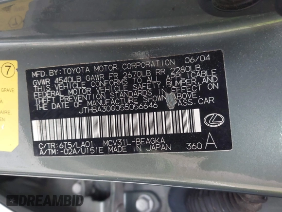 2005 Lexus ES 350 z VIN JTHBA30G055056646, wystawiony jako IAAI lot #42288911 z przebiegiem 173 017 mil mil oraz . Historia ofert i sprzedaży dostępna na DreamBid. Obrazek 9.
