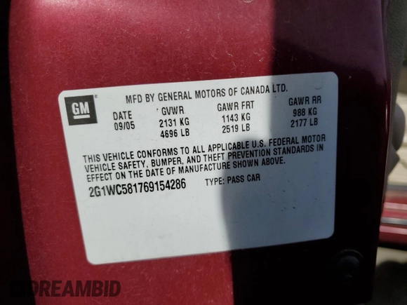 2006 Chevrolet Impala LT 3.9L with VIN 2G1WC581769154286, listed as a Copart auction lot 85888624 with Not Provided miles and Salvage Title. Bid and sale history available at DreamBid. Image 13.