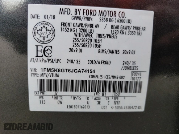 2018 Ford Explorer Sport with VIN 1FM5K8GT6JGA74154, listed as a Copart auction lot 47808035 with 61,974 mi miles and Salvage Title. Bid and sale history available at DreamBid. Image 14.