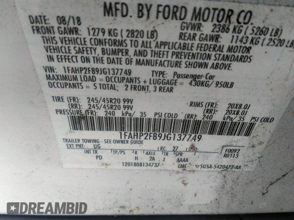 2018 Ford Taurus Limited with VIN 1FAHP2F89JG137749, listed as a IAAI auction lot 41356308 with 134,704 mi miles and . Bid and sale history available at DreamBid. Image 9.
