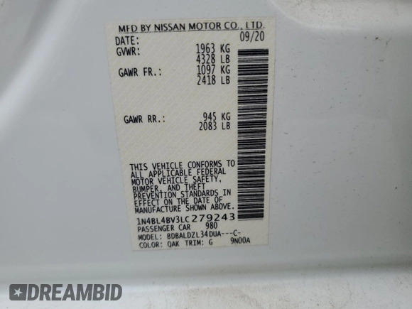 2020 Nissan Altima 2.5 S with VIN 1N4BL4BV3LC279243, listed as a Copart auction lot 50241415 with 44,920 mi miles and Clean Title. Bid and sale history available at carsss.com. Image 12.