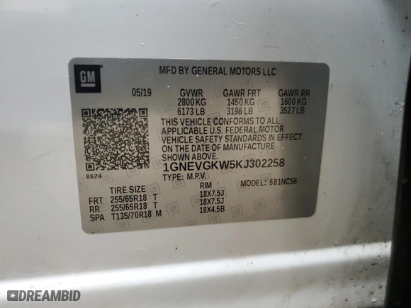 2019 Chevrolet Traverse LT Cloth with VIN 1GNEVGKW5KJ302258, listed as a Copart auction lot 49896815 with 83,469 mi miles and Salvage Title. Bid and sale history available at carsss.com. Image 13.
