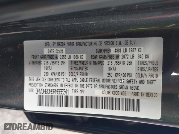 2024 Mazda CX-30 S Carbon Edition with VIN 3MVDMBCM5RM665341, listed as a IAAI auction lot 42180459 with 4,496 mi miles and . Bid and sale history available at DreamBid. Image 9.