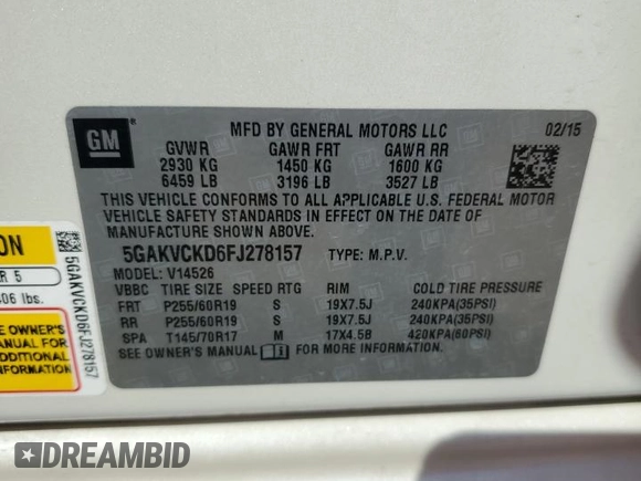 2015 Buick Enclave Premium with VIN 5GAKVCKD6FJ278157, listed as a Copart auction lot 53733795 with 117,587 mi miles and Clean Title. Bid and sale history available at DreamBid. Image 14.