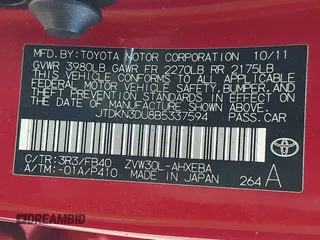 2011 Toyota Prius I with VIN JTDKN3DU8B5337594, listed as a IAAI auction lot 41976798 with 82,840 mi miles. Bid and sale history available at carsss.com. Image 9.