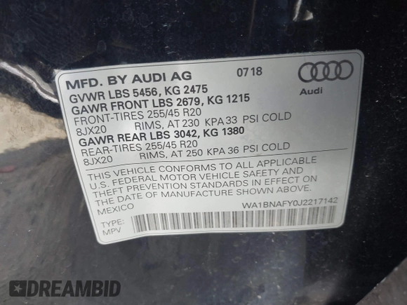 2018 Audi Q5 Premium Plus z VIN WA1BNAFY0J2217142, wystawiony jako IAAI lot #42049376 z przebiegiem 84 100 mil mil oraz . Historia ofert i sprzedaży dostępna na DreamBid. Obrazek 9.