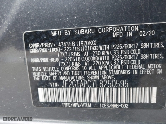 2020 Subaru Crosstrek Premium with VIN JF2GTAPC7L8250595, listed as a IAAI auction lot 41700026 with 75,171 mi miles. Bid and sale history available at carsss.com. Image 9.