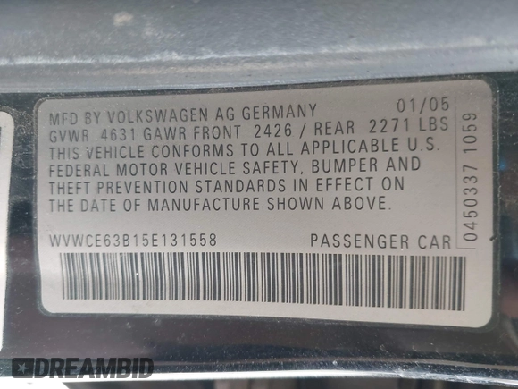 2005 Volkswagen Passat GLS z VIN WVWCE63B15E131558, wystawiony jako IAAI lot #42069590 z przebiegiem 241 886 mil mil oraz . Historia ofert i sprzedaży dostępna na DreamBid. Obrazek 9.