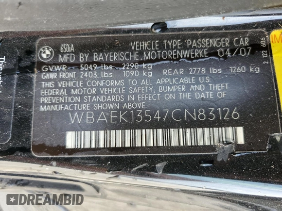 2007 BMW 6 Series 650i z VIN WBAEK13547CN83126, wystawiony jako Copart lot #42952175 z przebiegiem 95 944 mil mil oraz Nie do naprawy • Non repairable. Historia ofert i sprzedaży dostępna na DreamBid. Obrazek 14.