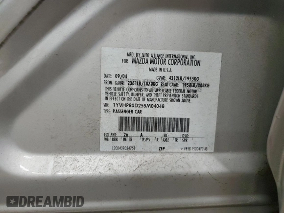 2005 Mazda 6 Sport S with VIN 1YVHP80D255M04048, listed as a Copart auction lot 49632395 with 198,852 mi miles and Salvage Title. Bid and sale history available at DreamBid. Image 12.