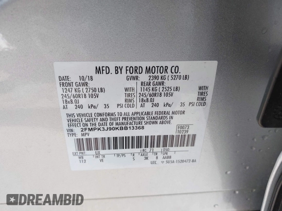 2019 Ford Edge SEL with VIN 2FMPK3J90KBB13368, listed as a IAAI auction lot 42150233 with 48,008 mi miles and . Bid and sale history available at DreamBid. Image 9.