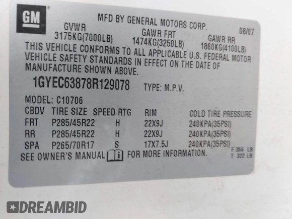 2008 Cadillac Escalade with VIN 1GYEC63878R129078, listed as a IAAI auction lot 41539282 with 162,979 mi miles. Bid and sale history available at carsss.com. Image 9.