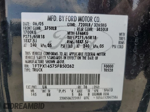 2005 Ford F-150 XLT with VIN 1FTPX14575FB50262, listed as a Copart auction lot 60167755 with 138,619 mi miles and Clean title. Bid and sale history available at DreamBid. Image 12.