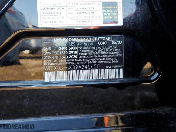 2009 Mercedes-Benz S-Class 5.5L V12 with VIN WDDNG76X89A245656, listed as a Copart auction lot 79481524 with 0 mi miles and Salvage Title. Bid and sale history available at carsss.com. Image 14.