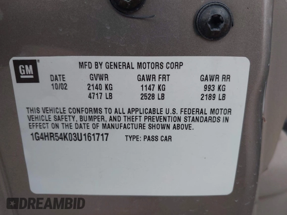 2003 Buick LeSabre Limited with VIN 1G4HR54K03U161717, listed as a IAAI auction lot 42161217 with 86,144 mi miles and . Bid and sale history available at carsss.com. Image 9.