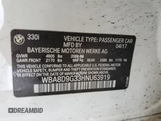 2017 BMW 3 Series 330i xDrive with VIN WBA8D9G33HNU63919, listed as a Copart auction lot 51428495 with 83,417 mi miles and Salvage Title. Bid and sale history available at carsss.com. Image 12.