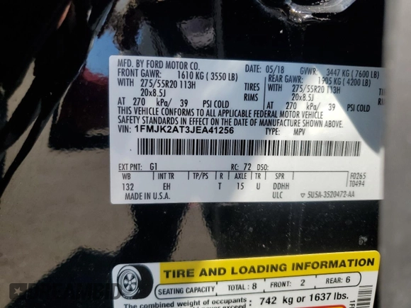 2018 Ford Expedition Max Limited z VIN 1FMJK2AT3JEA41256, wystawiony jako Copart lot #65239135 z przebiegiem 44 489 mil mil oraz Szkoda całkowita • Salvage title. Historia ofert i sprzedaży dostępna na DreamBid. Obrazek 14.