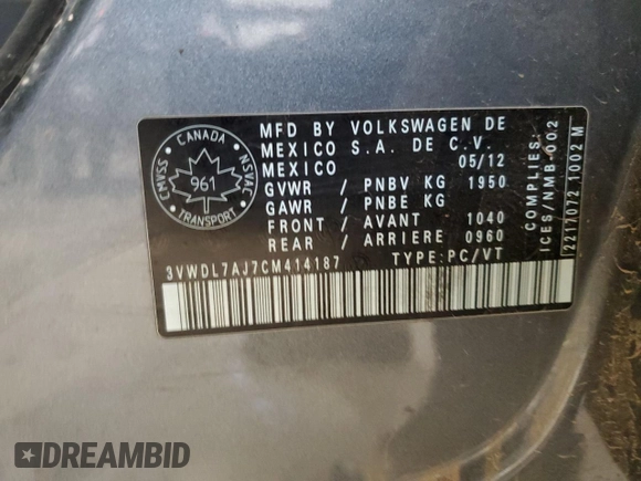 2012 Volkswagen Jetta Comfortline with VIN 3VWDL7AJ7CM414187, listed as a Copart auction lot 85592824 with 269,184 mi miles and Salvage title. Bid and sale history available at DreamBid. Image 12.