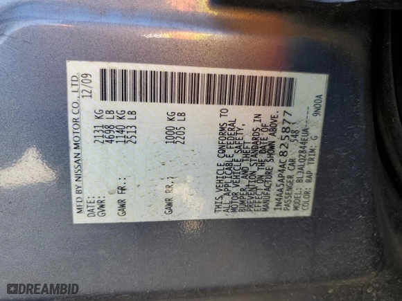 2010 Nissan Maxima 3.5 SV w/Premium Pkg with VIN 1N4AA5AP4AC825877, listed as a Copart auction lot 48372305 with 0 mi miles and Salvage Title. Bid and sale history available at carsss.com. Image 12.
