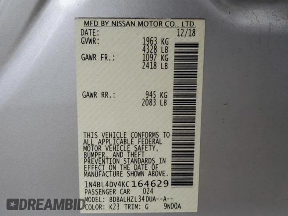 2019 Nissan Altima 2.5 SV with VIN 1N4BL4DV4KC164629, listed as a Copart auction lot 43069195 with 83,443 mi miles and Salvage Title. Bid and sale history available at carsss.com. Image 12.