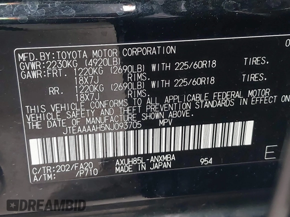2022 Toyota Venza LE with VIN JTEAAAAH5NJ093705, listed as a IAAI auction lot 41840879 with 65,677 mi miles. Bid and sale history available at carsss.com. Image 9.