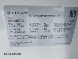2023 Rivian R1S Adventure z VIN 7PDSGABA9PN015327, wystawiony jako IAAI lot #41484133 z przebiegiem Nie podano mil oraz . Historia ofert i sprzedaży dostępna na DreamBid. Obrazek 9.