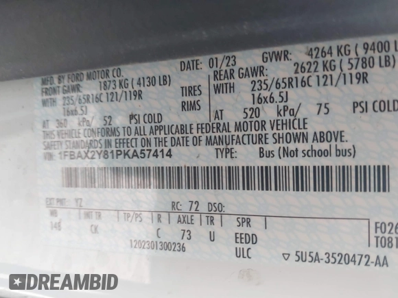 2023 Ford Transit Passenger XL with VIN 1FBAX2Y81PKA57414, listed as a IAAI auction lot 42418993 with 82,592 mi miles and . Bid and sale history available at DreamBid. Image 9.