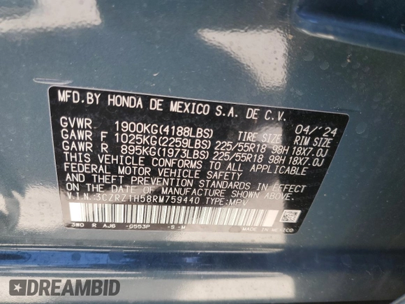 2024 Honda HR-V Sport with VIN 3CZRZ1H58RM759440, listed as a Copart auction lot 50088575 with 6,696 mi miles and Non Repairable. Bid and sale history available at DreamBid. Image 15.