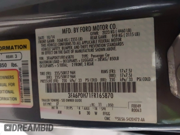 2015 Ford Fusion SE with VIN 3FA6P0H71FR165870, listed as a IAAI auction lot 42391360 with 152,898 mi miles and . Bid and sale history available at DreamBid. Image 9.