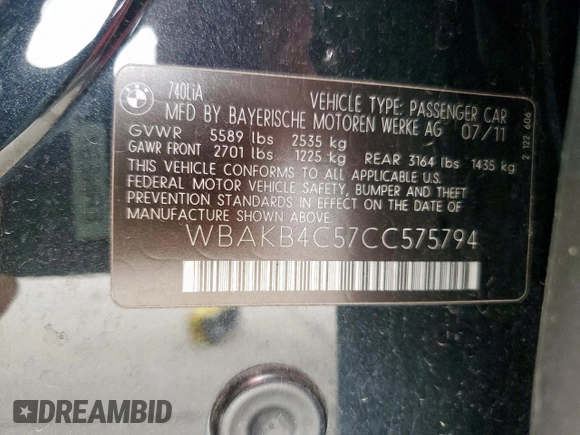 2012 BMW 7 Series 740Li with VIN WBAKB4C57CC575794, listed as a Copart auction lot 49347395 with 189,697 mi miles and Clean title. Bid and sale history available at DreamBid. Image 12.