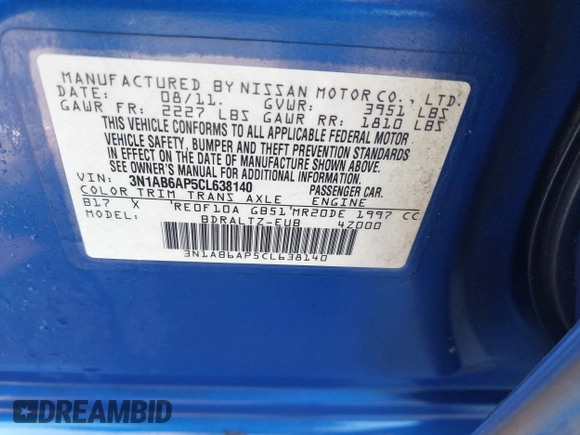 2012 Nissan Sentra SR with VIN 3N1AB6AP5CL638140, listed as a IAAI auction lot 42355339 with 197,597 mi miles and . Bid and sale history available at DreamBid. Image 9.