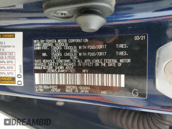 2021 Toyota 4Runner SR5 z VIN JTEMU5JR4M5917821, wystawiony jako Copart lot #51359905 z przebiegiem 77 403 mil mil oraz Szkoda całkowita • Salvage title. Historia ofert i sprzedaży dostępna na DreamBid. Obrazek 13.