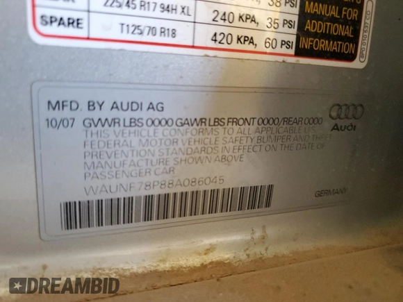 2008 Audi A3 with VIN WAUNF78P88A086045, listed as a Copart auction lot 41452005 with 99,743 mi miles and Salvage Title. Bid and sale history available at carsss.com. Image 12.