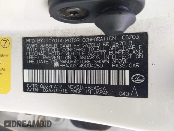 2004 Lexus ES 350 with VIN JTHBA30G145004280, listed as a IAAI auction lot 42114785 with 96,952 mi miles and . Bid and sale history available at DreamBid. Image 9.