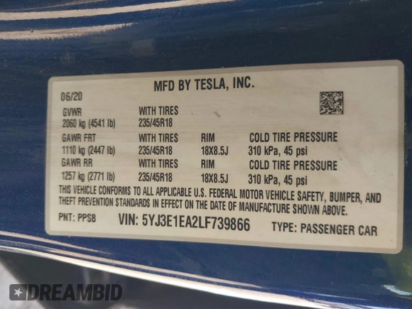 2020 Tesla Model 3 Standard Range Plus z VIN 5YJ3E1EA2LF739866, wystawiony jako IAAI lot #41842179 z przebiegiem 70 089 mil mil oraz . Historia ofert i sprzedaży dostępna na DreamBid. Obrazek 9.