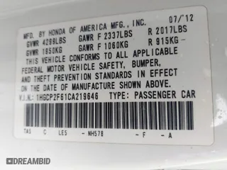 2012 Honda Accord Sdn SE with VIN 1HGCP2F61CA219646, listed as a IAAI auction lot 41877399 with 176,935 mi miles. Bid and sale history available at carsss.com. Image 9.