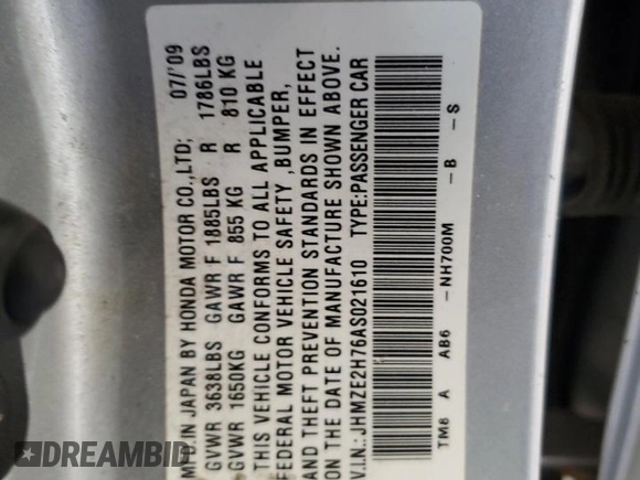 2010 Honda Insight EX with VIN JHMZE2H76AS021610, listed as a Copart auction lot 62992225 with 162,974 mi miles and Salvage title. Bid and sale history available at DreamBid. Image 13.