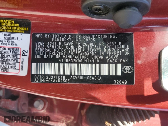 2006 Toyota Camry STD with VIN 4T1BE32K06U114118, listed as a Copart auction lot 52540585 with 174,330 mi miles and Salvage Title. Bid and sale history available at carsss.com. Image 12.