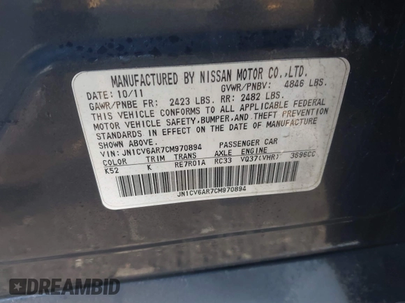 2012 Infiniti G37 x with VIN JN1CV6AR7CM970894, listed as a IAAI auction lot 41855535 with 90,741 mi miles and . Bid and sale history available at DreamBid. Image 9.