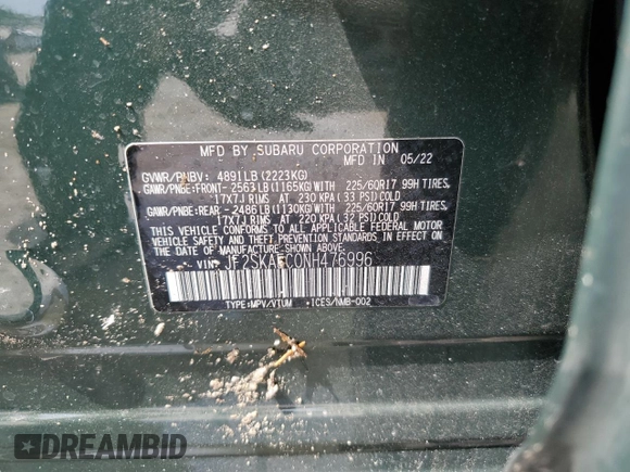 2022 Subaru Forester Premium with VIN JF2SKAEC0NH476996, listed as a Copart auction lot 54122945 with 43,108 mi miles and Salvage title. Bid and sale history available at DreamBid. Image 13.