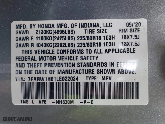2020 Honda CR-V EX-L with VIN 7FARW1H81LE022024, listed as a IAAI auction lot 41717302 with 59,287 mi miles. Bid and sale history available at carsss.com. Image 9.