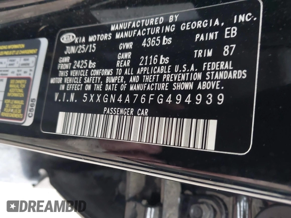 2015 Kia Optima EX with VIN 5XXGN4A76FG494939, listed as a IAAI auction lot 41480897 with 1 mi miles. Bid and sale history available at carsss.com. Image 9.