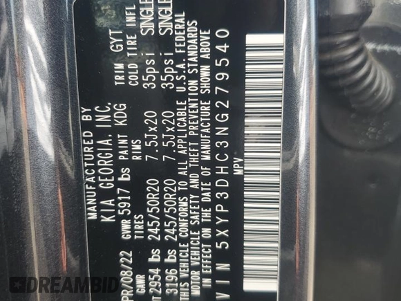 2022 Kia Telluride EX с VIN 5XYP3DHC3NG279540, выставлен на аукционе Copart как лот 61912825 с пробегом 16 166 миль миль и Списание • Salvage title. История ставок и продаж доступна на DreamBid. Изображение 13.