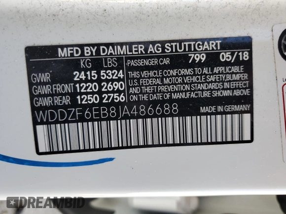 2018 Mercedes-Benz E-Class AMG E 43 with VIN WDDZF6EB8JA486688, listed as a Copart auction lot 45747235 with 0 mi miles and Salvage Title. Bid and sale history available at carsss.com. Image 13.