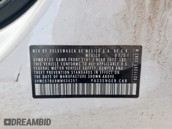 2021 Volkswagen Jetta S z VIN 3VWC57BU8MM034257, wystawiony jako Copart lot #60362655 z przebiegiem 82 051 mil mil oraz Szkoda całkowita • Salvage title. Historia ofert i sprzedaży dostępna na DreamBid. Obrazek 12.