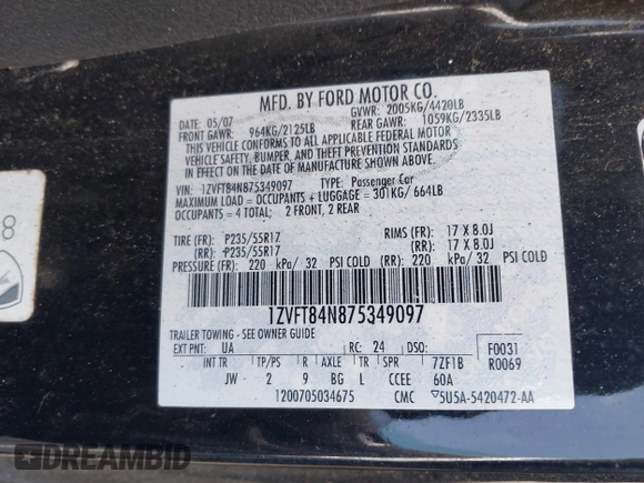 2007 Ford Mustang Deluxe with VIN 1ZVFT84N875349097, listed as a IAAI auction lot 42228909 with 131,351 mi miles and . Bid and sale history available at DreamBid. Image 9.